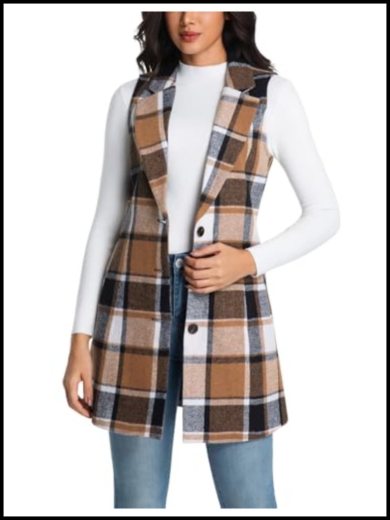 Long Wool Plaid Vest Sleeveless Blazer Trench Coat Fall Winter